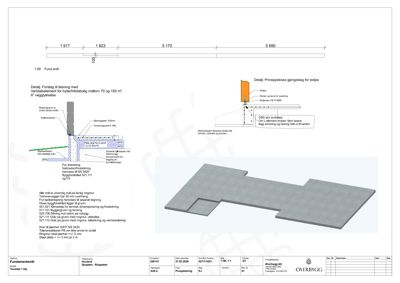 Tegning som viser detaljerte konstruksjoner for fundament, inkludert fundamentering, forankring, og detaljer for stålbelegg og isolering.