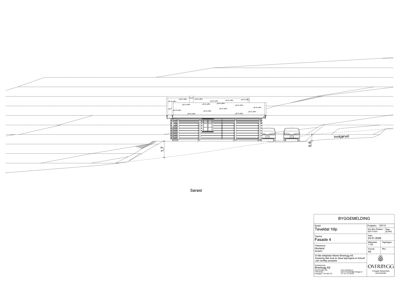 Fasadetegning (opprikk) av en bygning sett fra 'Sørøst', med angitte høyder og bilplassering.
