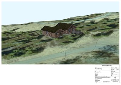 3D-visualisering (rendering) av en hytte sett fra et vinklet perspektiv, plassert i et terreng med konturlinjer.
