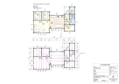 Bildet viser etasjeplaner (plan A og snitt B) for en bolig, inkludert romfordeling, dimensjoner og arealoppdelinger.