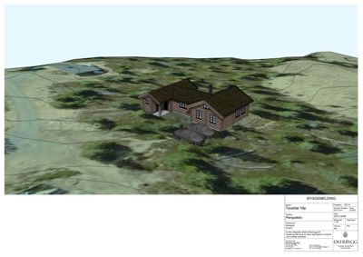 3D-visualisering (rendering) av en hytte sett fra et perspektiv som viser både bygningen og omgivelsene.