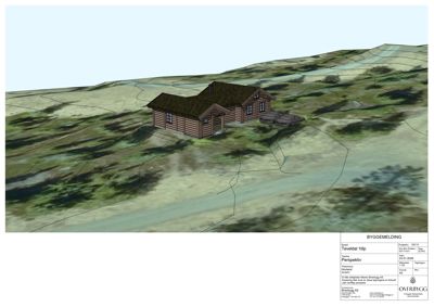 3D-visualisering (perspektiv) av en hytte i et terreng, inkludert omgivelsene.