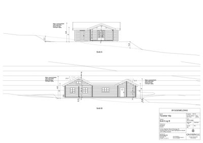 Byggemelding med snittegninger (Snitt A og B) som viser tverrsnitt gjennom bygningen, inkludert høyder, grunnforhold og konstruksjonsdetaljer.