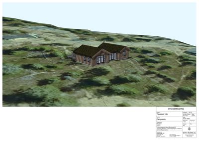3D-visualisering (perspektiv) av en hytte sett fra luften, plassert i et terreng med skog og enkle konturlinjer.