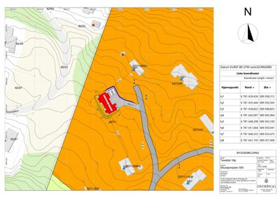 Situasjonsplan som viser bygningens plassering i forhold til terrenget (konturlinjer), nabolag og veier.