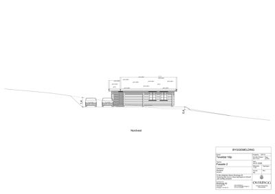 Fasadetegning (opprikk) av en bygning sett fra nordvest, med høydeangivelser og detaljer om fasadeoverflater.
