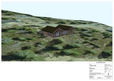 3D-visualisering (perspektiv) av en hytte sett fra utsiden, plassert i et terreng med omgivende natur.