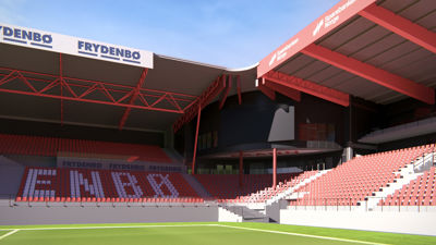 3D-visualisering av en fotballarena (Frydenbø) sett fra banen.