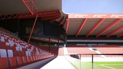 3D-visualisering av en fotballarena (Brann Stadion) sett fra tribunen mot banen.