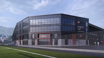 3D-visualisering av en nybyggende idrettshall med glassfasade og sportsutstyr i forgrunnen.