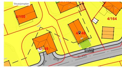 Situasjonsplan som viser tomtene, bygninger og veier i et område.