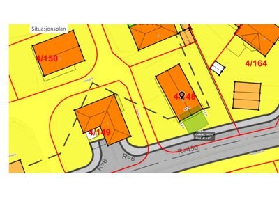 Situasjonsplan som viser tomtene, bygningenes plassering og veier i et nabolag.