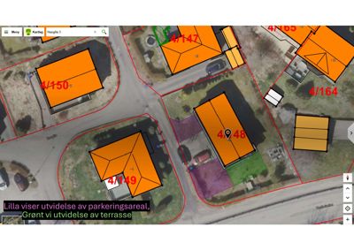 Satellittbilde (kart) med overlagte tegninger av tomter og bygninger, inkludert eiendomsnummer.