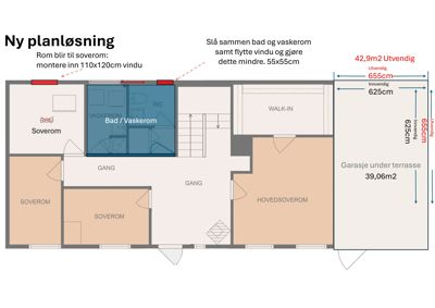 Etasjeplan som viser romfordeling, veggtykkelse og dimensjoner for en ny planløsning.