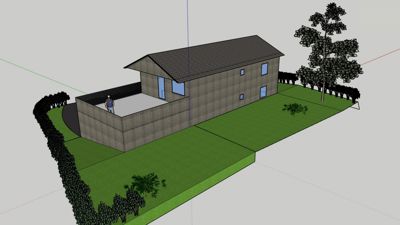 3D-visualisering av et hus med omgivelser, inkludert trær og hekker.