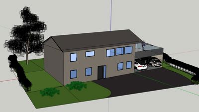 3D-visualisering av en toetasjes bolig med kjeller, garasje og omgivelser.