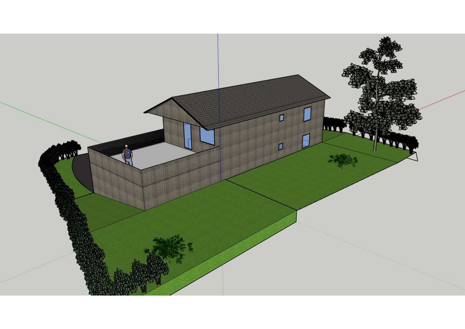 3D-visualisering av en toetasjers bolig sett fra et vinklet utsnitt, inkludert omgivelser som hage, hekk og trær.