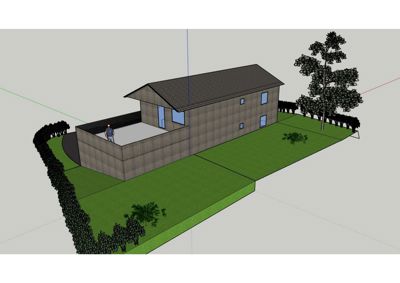 3D-visualisering av en toetasjers bolig sett fra et vinklet utsnitt, inkludert omgivelser som hage, hekk og trær.