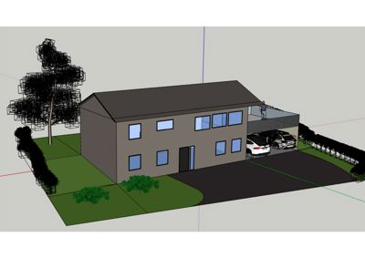 3D-visualisering av et planlagt hus med omgivelser, inkludert bilplass og beplantning.