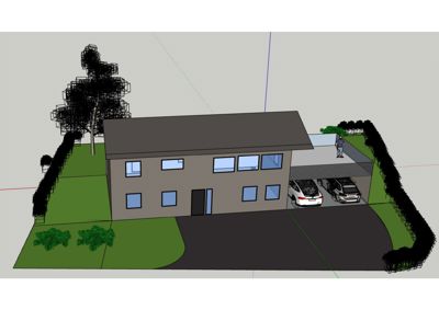 3D-visualisering av et hus med omgivelser, inkludert bilplass og trær.