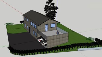3D-visualisering av et hus med omgivelser, inkludert bil og person.