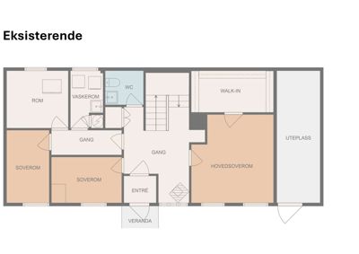 Etasjeplan for en eksisterende bolig som viser romfordeling, dører og veggkonstruksjoner.