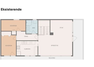 Etasjeplan (plantegning) av en eksisterende leilighet eller bolig med romoppdeling, dører og vinduer.