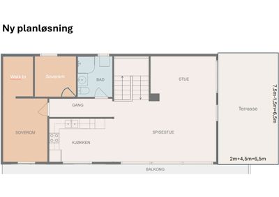 Etasjeplan (plantegning) som viser romfordeling, størrelser og plassering av en bolig.