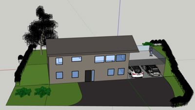 3D-visualisering av en toetasjes bolig med garasje, hage og trær.