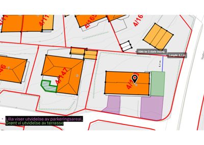 Situasjonsplan som viser tomt, naboeiendommer og bygningers plassering med mål og farger.