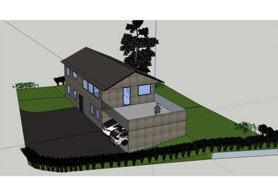 3D-visualisering av et hus med garasje og omgivelser