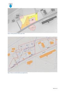 Bildet viser to sider av en byggesak. Øverst er det et Nibio-gårdskart som viser eiendomsnummer og areal. Nederst er det en skisse som viser tomteinndeling og vegplassering med arealoppdeling.