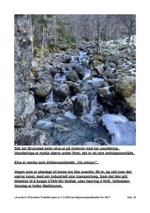 Fotografi av Brunstad-seter elva i vinter med lav vassføring, inkludert tekst som forklarer konteksten og nevner en planlagt vei.