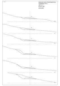 Tverrsnitt (tværprofil) av en vei (Veg 1) med høydemål og terrengform.