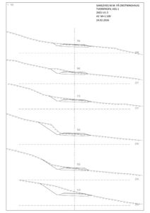 Tverrsnitt (tværprofil) av en vei (Veg 1) med høydemål og terrengform.