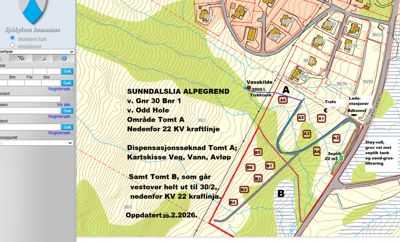 Kart over et område i Sunndalslia Alpegrend med topografi, vei, kraftlinje og tomtsplasseringer (A og B).