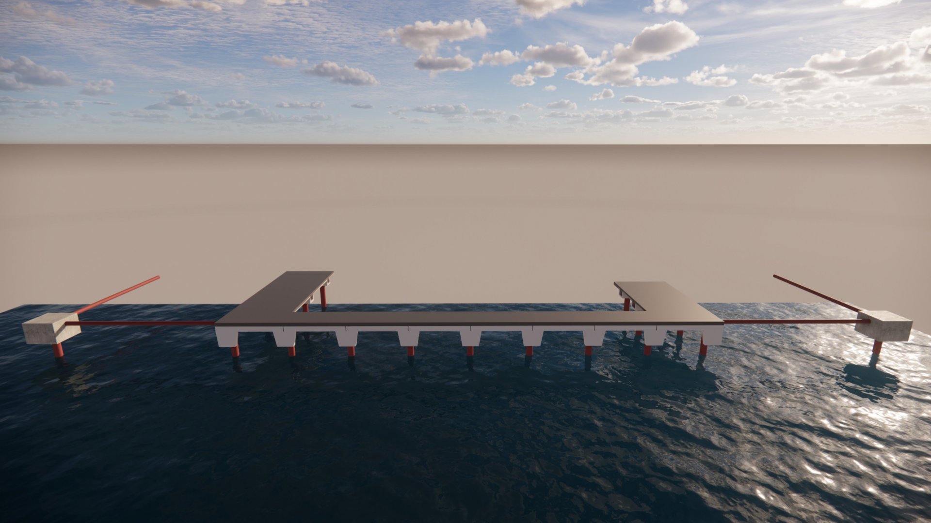 3D-visualisering av en kai eller bryggekonstruksjon i vannet med realistisk lys og skyer.