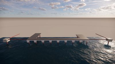 3D-visualisering av en kai eller bryggekonstruksjon i vannet med realistisk lys og skyer.