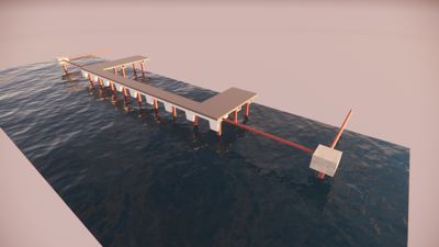 3D-visualisering av en planlagt kai eller brygge i vannet med detaljer på konstruksjon og støtter.