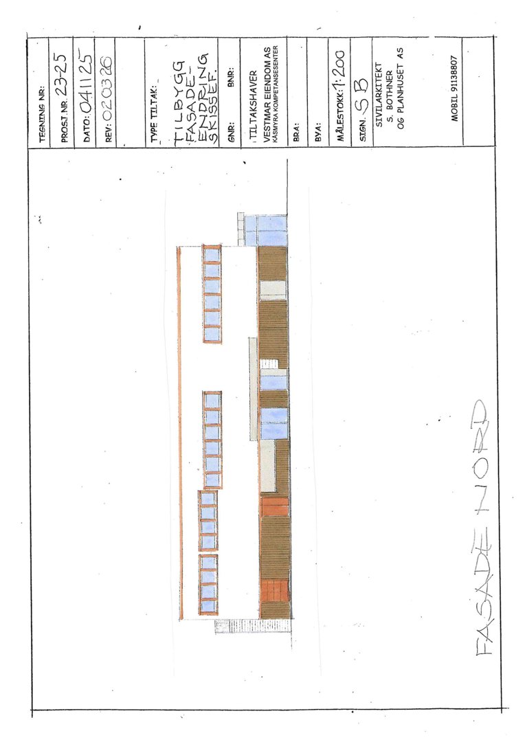 Fasadetegning (opprikk) av en bygning sett fra nord.
