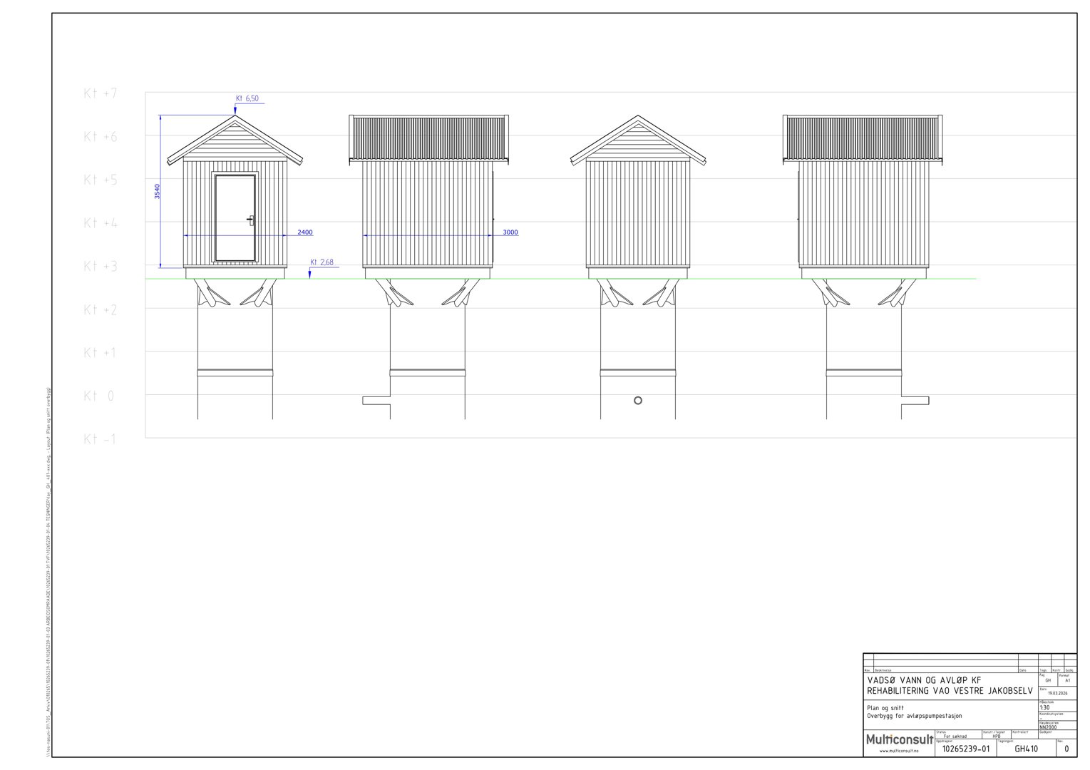 Fasadetegning som viser front- og sideutsikt på en liten bygning med mål og høydeangivelser.