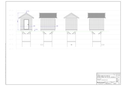Fasadetegning som viser front- og sideutsikt på en liten bygning med mål og høydeangivelser.