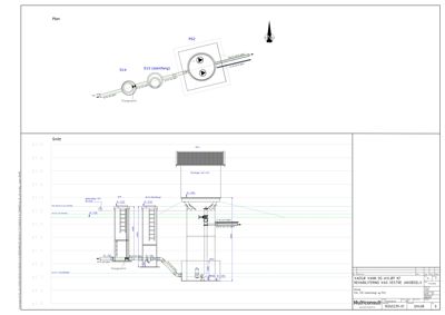 Tegning som viser detaljert konstruksjon og dimensjoner for en teknisk installasjon (vann- og avløpssystem) i en bygning.