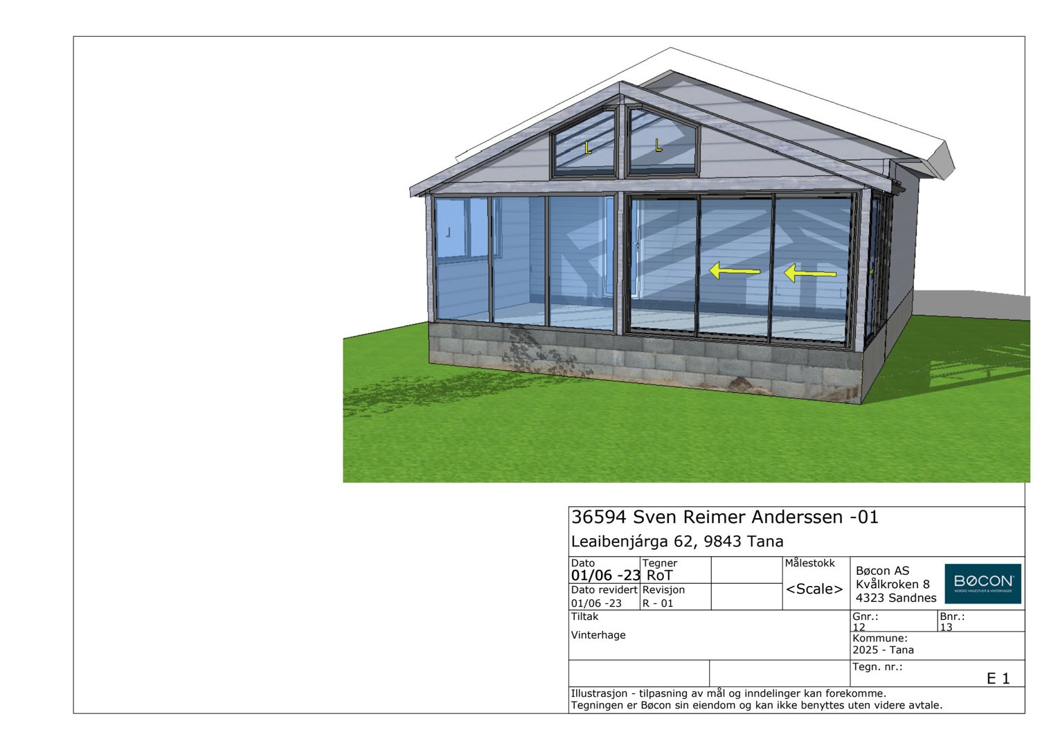 3D-visualisering av en bygning med etasjefenestere og takvinduer, sett fra en vinkel som viser både fasade og grunnplan.
