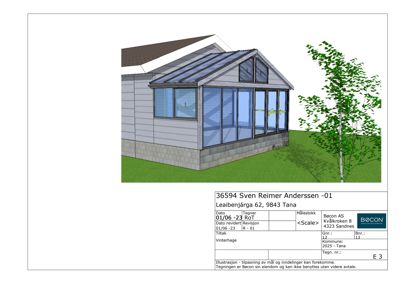 3D-visualisering av en tilbygning med solcellepaneler på taket.