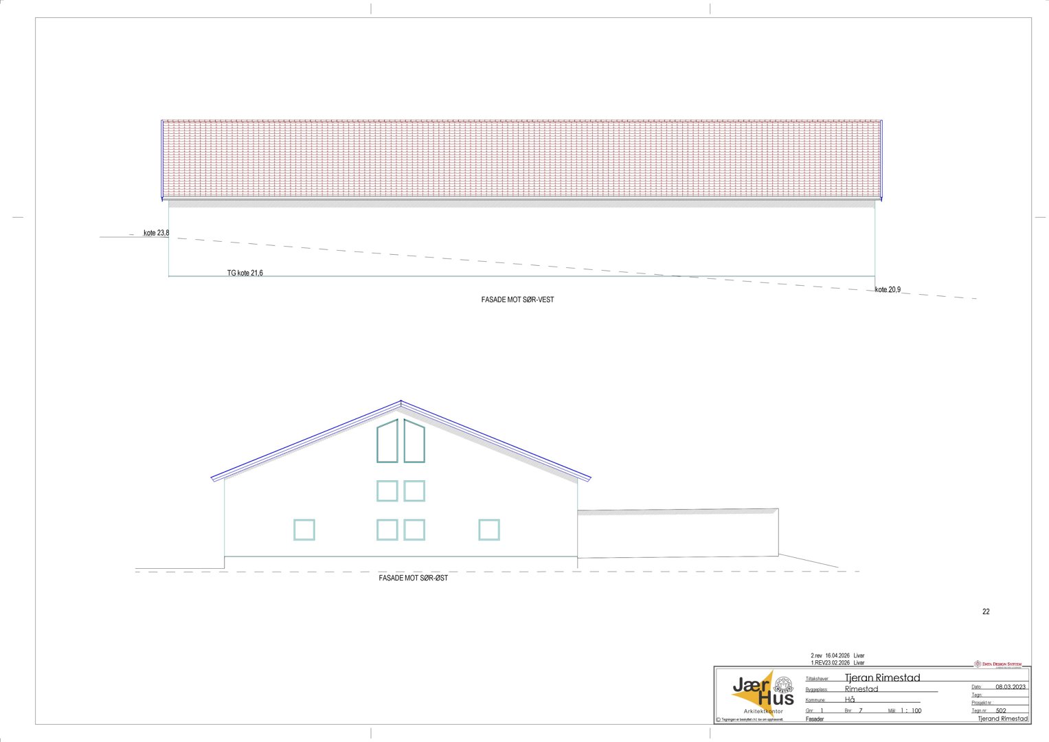 Fasadetegning som viser bygningens utseende sett fra sør-vest, inkludert takform, vinduer og høydeangivelser.