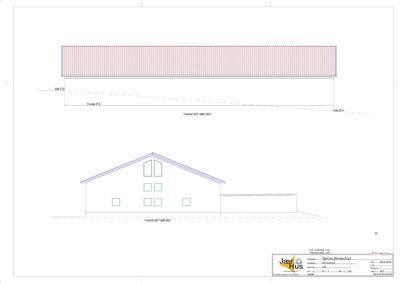 Fasadetegning som viser bygningens utseende sett fra sør-vest, inkludert takform, vinduer og høydeangivelser.