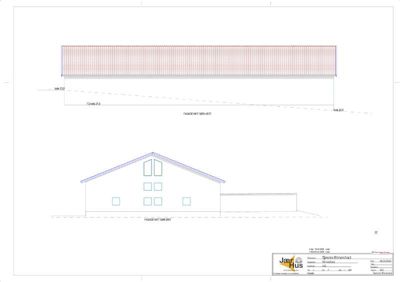 Fasadetegning som viser bygningens utseende sett fra sør-vest, inkludert takform, vinduer og høydeangivelser.