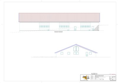 Fasadetegning som viser fronten på en bygning sett fra nord-øst (NØS-ØST).