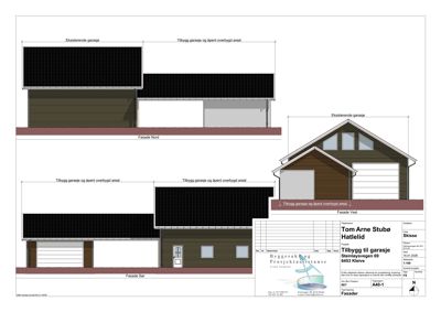 Fasadetegning som viser oppriss av bygningen sett fra nord, vest og sør.